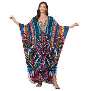 Robe longue d'été vintage sexy en coton et rayonne tissée, manches chauve-souris, col en V, imprimé léopard, pour soirée, transfrontalier - Product Image 2