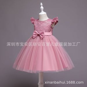 Flower Girls' Dress Pink Lace Tulle A-Line O-Neck With Bow For Children Party Wear - Product Image 1