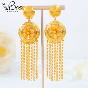 En gros Parure de bijoux de mariée africaine pour femme en alliage plaqué or 24K, 3 pièces : collier à longues pampilles, boucles d'oreilles et bague, sculpté ajouré, pour mariage - Product Image 6
