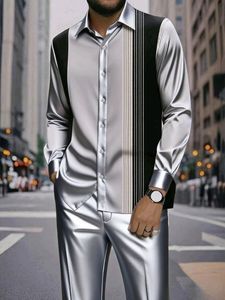 Ensemble de vêtements décontractés pour hommes, <span class=keywords><strong>chemise</strong></span> à manches longues et <span class=keywords><strong>pantalon</strong></span>, imprimé numérique rayé, costume africain pour hommes - Product Image 3