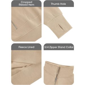 Custom Women's Half Zip <b>Cropped</b> Sweatshirt <b>Long</b> <b>Sleeve</b> Casual <b>Top</b> With Thumb Hole Anti-Wrinkle 100% Cotton Knitted Fabric - Product Image 5