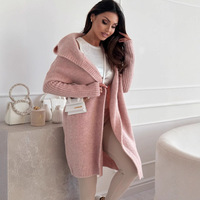 Damen Long Knit Cardigan Sweater Sanfter, lockerer, knopf loser, rosa Kapuzen mantel Autumn Solid Classic