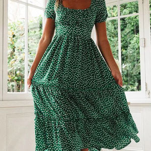 Vestidos ชุดเดรสหวานพิมพ์ลายวินเทจแขนพองสำหรับชายหาดฤดูร้อนชุดเดรสยาวคอเหลี่ยมลายดอกไม้ลำลอง - Product Image 1