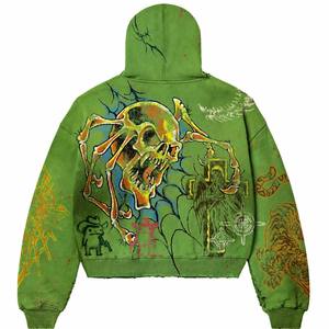 <span class=keywords><strong>Felpa</strong></span> con Cappuccio Crop Top 100% Cotone Effetto Invecchiato, Bordi Sfrangiati, Stampa Teschio Ragno Stile Tatuaggio Retrò, Y2K, Streetwear Uomo - Product Image 3