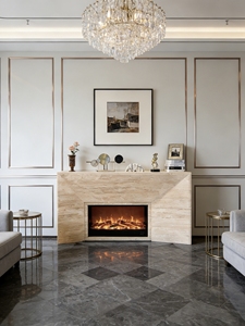 Conjunto de <span class=keywords><strong>Chimenea</strong></span> y Repisa de Travertino Beige de Piedra Natural Porosa de una Sola Pieza con Marco de Acero Integrado - Product Image 2