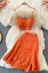 2026年 海辺のバカンスにぴったりなサマースーツ 新作 バックレス ショート丈 チューブトップ スリングトップ ハイウエスト フリルスカート レディースセット  卸売 - Product Image 6