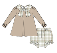 Ensemble barboteuse bébé fille Puresun en coton doux, motif écossais kaki, avec robe à grand nœud et bloomers, 2 pièces, style preppy vintage, vêtements pour enfants