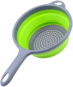 Coador de silicone de punho longo redondo, coador de frutas dobrável com alça, lavador de cozinha