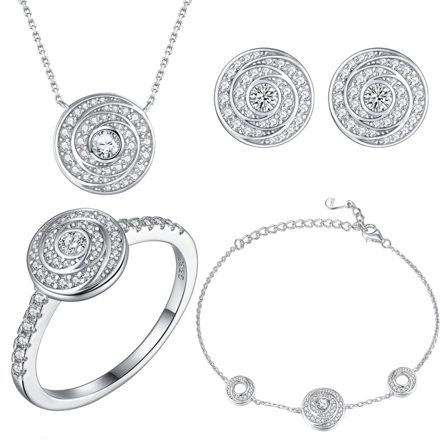 S925 Silver Ring Earrings Necklace Bracelet Jewelry Diamond Disc Set 4-piece Jewelry Set for Women