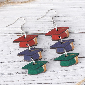 Boucles d'oreilles en bois journée des enseignants coloré mortier chapeau gland Patchwork Double face pendentif boucles d'oreilles pour femmes Uionen 1091 - Product Image 3