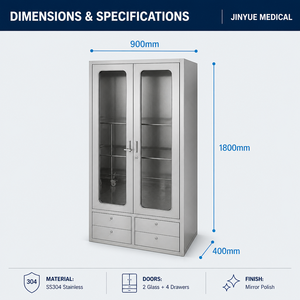 Armoire de rangement médicale <span class=keywords><strong>en</strong></span> acier inoxydable brossé avec étagères réglables et porte vitrée à charnières pour <span class=keywords><strong>pharmacie</strong></span> - Product Image 4