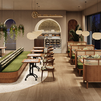 Ensemble de mobilier commercial moderne et nouveau design pour café : banquette, canapé, table et chaises en bois et tissu pour restaurant