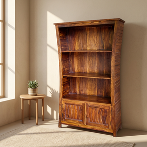 Elegantes Botelleros Curvos Abiertos de Madera Maciza Reciclada Vintage con 3 Estantes y 1 Puerta, Muebles Artesanales para Hotel, Bar o Casa de Campo - Product Image 1