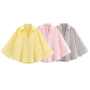 Camicia da Donna Estiva Nuova Casual Slim Fit in Lino con Bottoni a Righe Multicolore a Maniche Lunghe - Product Image 1