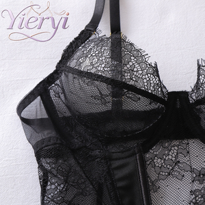 YIERIYI Ensemble Bustier Corset et <span class=keywords><strong>Porte</strong></span>-<span class=keywords><strong>jarretelles</strong></span> String Noir Sexy pour Femme avec Dentelle Cils, Maille Transparente et Armatures - Product Image 4