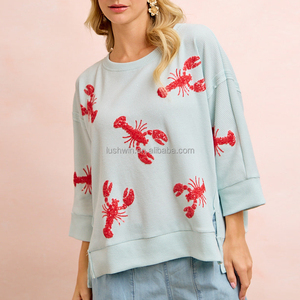 Sudadera de punto gofrado con lentejuelas de menta y bordado de langosta para el <span class=keywords><strong>4</strong></span> de julio, cuello redondo oversize, manga 3/<span class=keywords><strong>4</strong></span>, top casual para mujer - Product Image 2