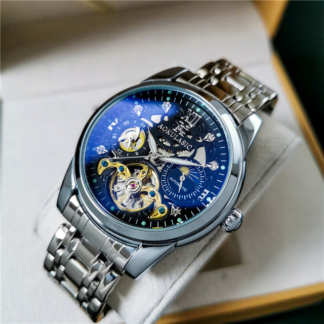 AOKULASIC 1701C Men Automatic Skeleton Watch Diamond Inlay Roman Dial Moon Phase Stainless Steel Mechanical Wristwatch