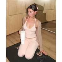Legging Yoga Pilates Ringan Warna Pink Muda Model Flare, Atasan Halter Camisole, Set Olahraga 2 Potong Bahan Stretch Empat Arah