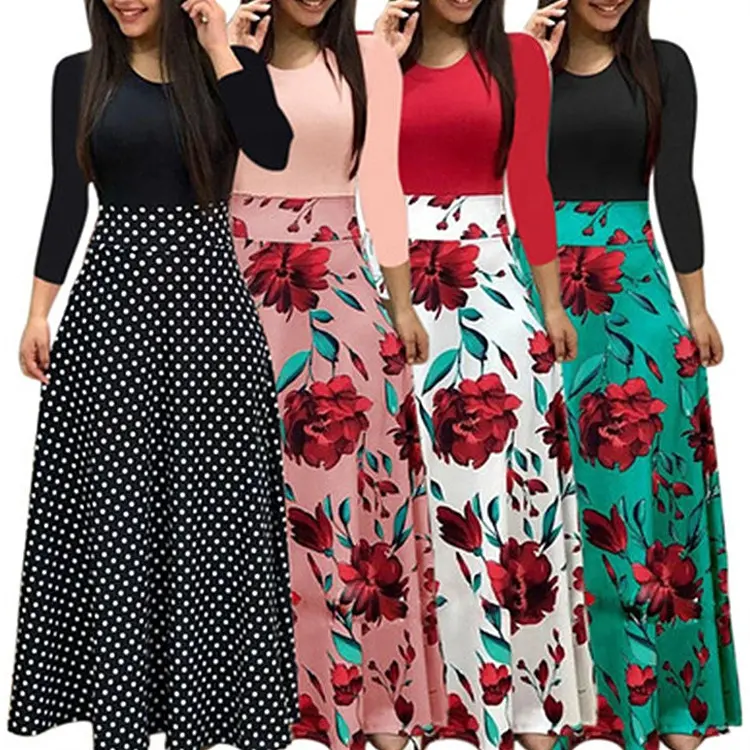 Stylish Elegant Color Matching Dress Flower Print Long Skirt For Women