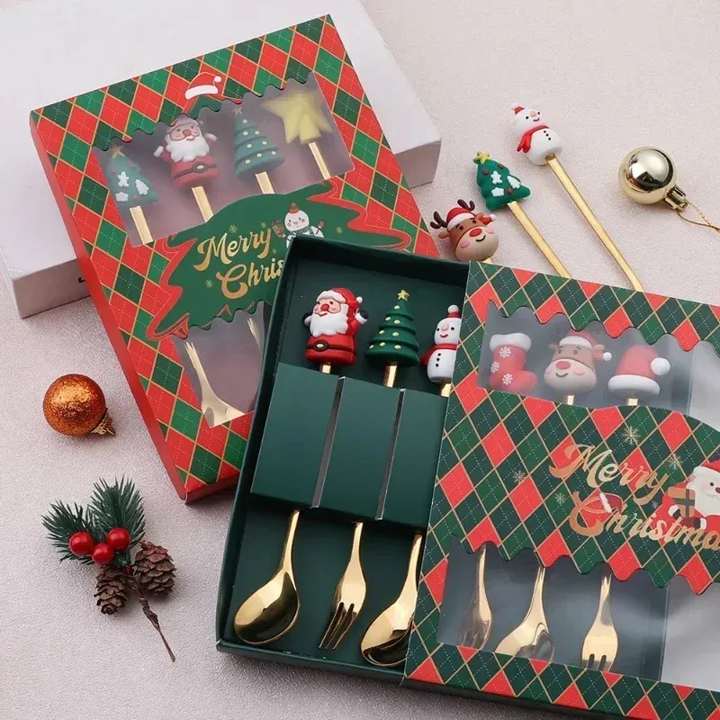 クリスマススプーン食器セットギフトボックス包装雪だるまエルクコーヒースプーンサンタクロースフルーツフォークドールスプーンギフトクリスマスギフト