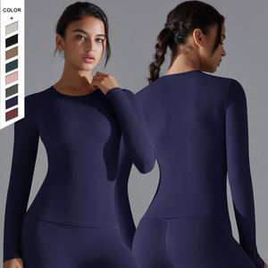 Atasan olahraga untuk wanita, atasan latihan lari kebugaran elastis Slim Fit lengan panjang warna polos, busana Yoga musim semi dan musim gugur - Product Image 1