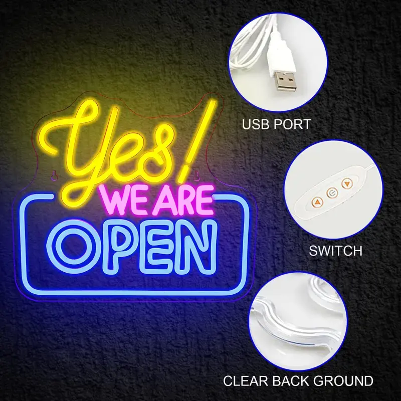 Yes We Are Open Neon Sign - LED Neon Light for Shops, Custom Open Sign with 5V USB Power, Personalized Open Neon