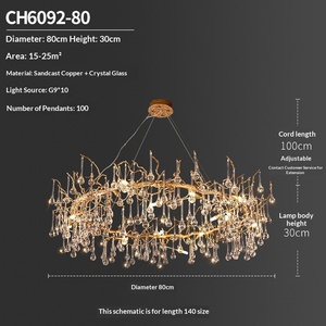 Lustre de salon en cristal et cuivre, LED doré, style post-moderne américain rétro, luxe français vintage, en forme de branche, goutte d'eau - Product Image 4