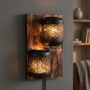 Support mural en fer pour bougies chauffe-plat, applique murale avec panneau en bois, lanterne à double perforation, décoration intérieure - Product Image 1