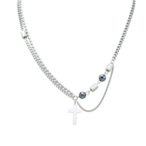 Yunnique <b>Cross</b> Beaded Titanium Steel Necklace Men's Fashion Hip Hop Style Geometric Design Silver Tone Jewelry Made in Dongguan - Product Image 5