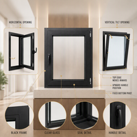 Ventana oscilobatiente de aluminio con bisagra oculta de apertura interior, manija con bloqueo, herrajes de acero inoxidable y a prueba de viento.