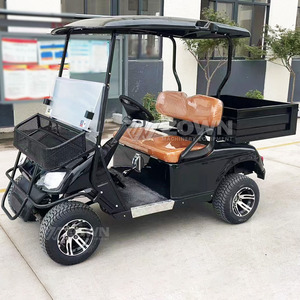 Voiturette de golf électrique noire avec sièges marron et benne de chargement - Product Image 1