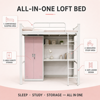 Lit mezzanine en métal rose et bleu pour enfants avec bureau, lit superposé en acier mignon avec armoire et barrière de sécurité pour chambre d'enfant