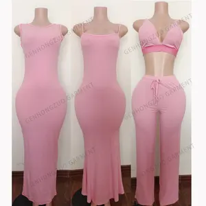 Custom Lounge Wear Womens Basics Tops Shirt And Leggings Comfy Cotton Ribbed Jersey Pink 2 Piece Loungewear Women's Sets