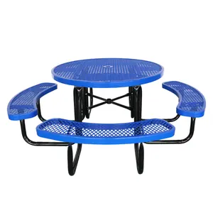 Outdoor Furniture Expanded Metal Round Commercial Picnic Dining Table With Bench Restaurant Outside Steel Mesh Cafe Table Chair