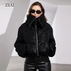 ZIAI 2023 Winter Women Standing Collar Heavy Industry Sequin Short Warm Winter Coat Zip Up Sequin Puffer Coat Party Coat