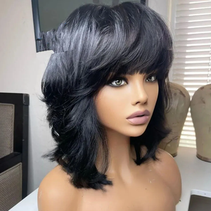 Wig rambut manusia pendek model bob bergelombang, potongan layer, dengan poni, warna hitam alami, tanpa lace, buatan mesin, bagian atas seperti kulit kepala manusia, rambut Remy untuk wanita kulit hitam. - Product Image 5