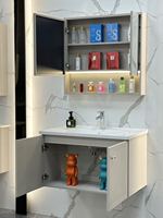 Ensemble de meuble-lavabo mural flottant en acier inoxydable kaki avec lavabo en céramique et armoire à trois portes avec miroir