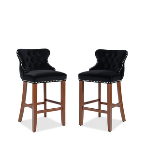 Tabourets de bar contemporains à dossier haut, revêtement en velours noir, pieds en bois, capitonnés, lot de 2 - Product Image 1
