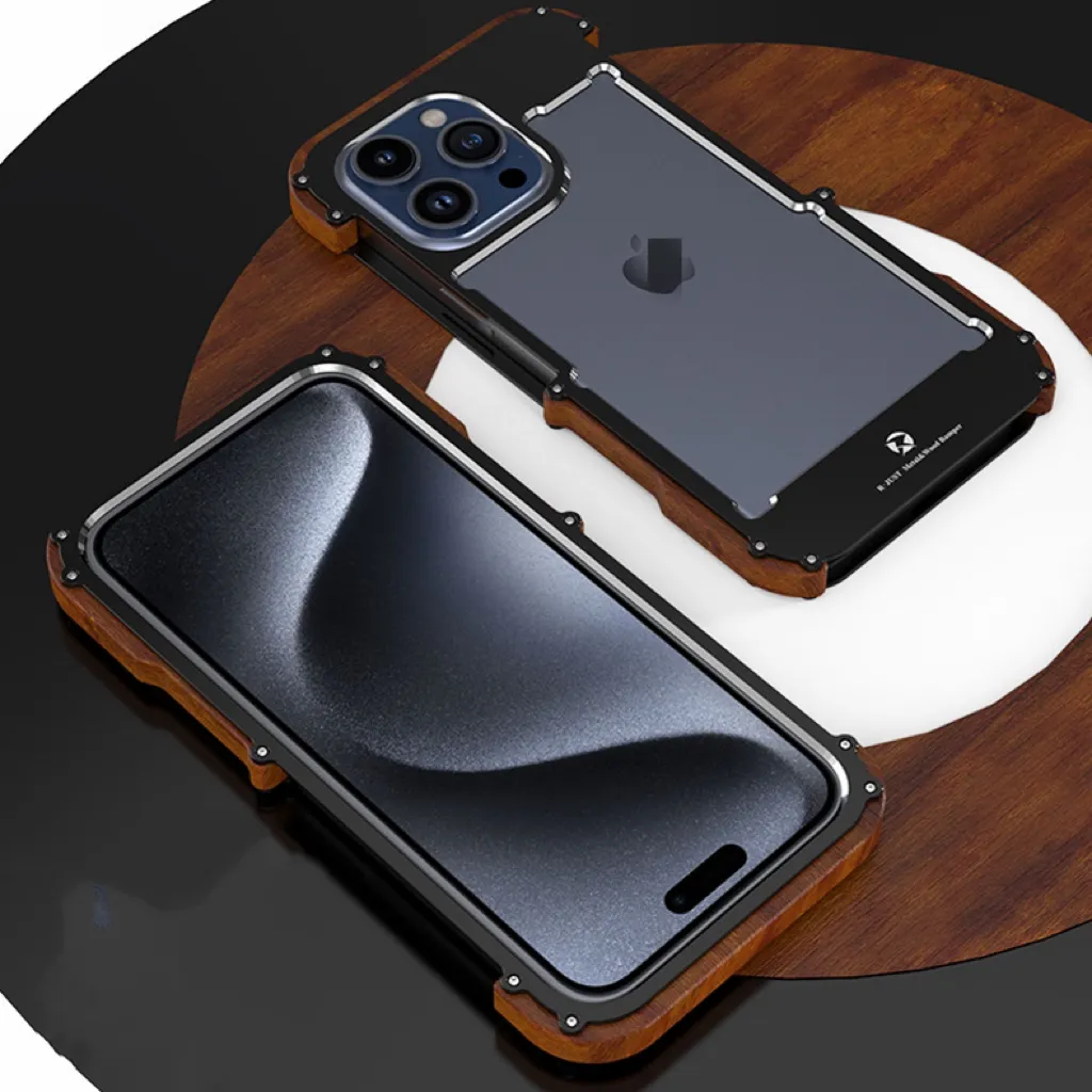 Casing ponsel selubung kayu logam, kualitas tinggi aluminium Aloi kayu solid, casing telepon untuk iphone 15 14 13 12 11 plus/pro/pro max
