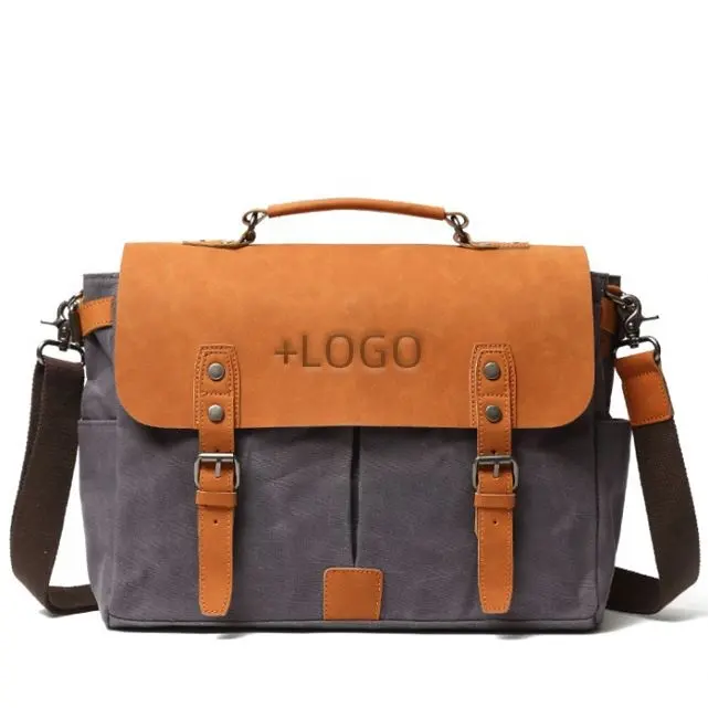 Men's Vintage leather waxed canvas messenger bag canvas messenger bag brands customized shoulder bag