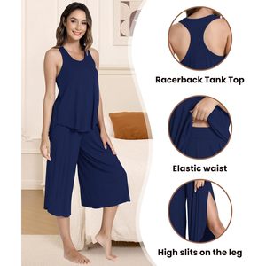 Ensemble de pyjama décontracté 2 pièces en viscose de bambou pour femme, débardeur dos nageur et pantalon capri sans manches, doux et confortable - Product Image 4