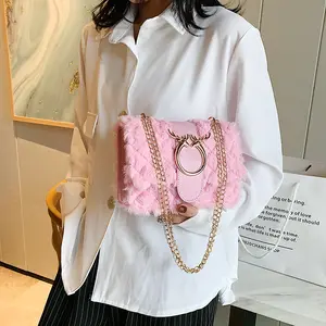 Bolso pequeño de felpa para mujer, bandolera con cadena a la moda, de hombro de lana de oveja, bolsa cuadrada, venta al por mayor