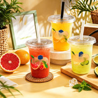Gobelet jetable en plastique PET imprimé flexographique haute transparence pour jus et boissons froides avec couvercle anti-fuite