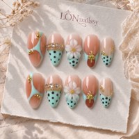 Faux ongles 3D en PMMA, faits main, forme amande moyenne, style français, à presser, couvrance totale, réutilisables, 10 pièces