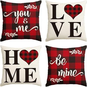Valentine's Day Heart Pillow <b>Cover</b> Set 4Pc Square <b>Throw</b> Pillowcase Red Plaid Love Home Decor Cushion <b>Cover</b> for <b>Sofa</b> - Product Image 1