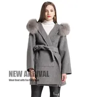Women's Cashmere Fur Coat, Fox Fur Collar, Hooded