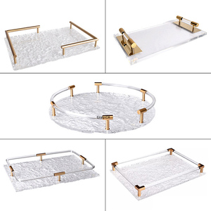 <span class=keywords><strong>Plateau</strong></span> <span class=keywords><strong>rond</strong></span> Transparent en Lucite personnalisé en usine, <span class=keywords><strong>plateau</strong></span> de service en acrylique Transparent avec poignées en métal doré - Product Image 2