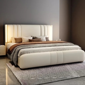 Lit double de luxe King Queen avec cadre en bois et tête de lit rembourrée en cuir, meuble de chambre moderne et contemporain avec rangement intégré - Product Image 3
