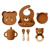 Ensemble d'alimentation pour bébé en silicone Ours brun, thème animal, assiette, bol, tasse, cuillère, fourchette, anneau de dentition pour les repas