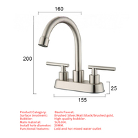 Robinet de lavabo en acier inoxydable 304 doré brossé, à deux poignées, col de cygne haute, entre-axes de 4 pouces, levier en T, vente en gros